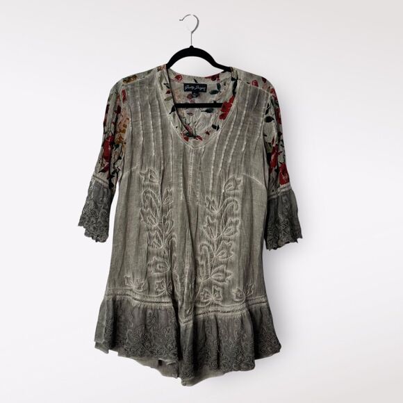 Gretty Zueger Women Bohemian Blouse Size XS Cotton Floral Gray Hippie Embroidery - Picture 1 of 14